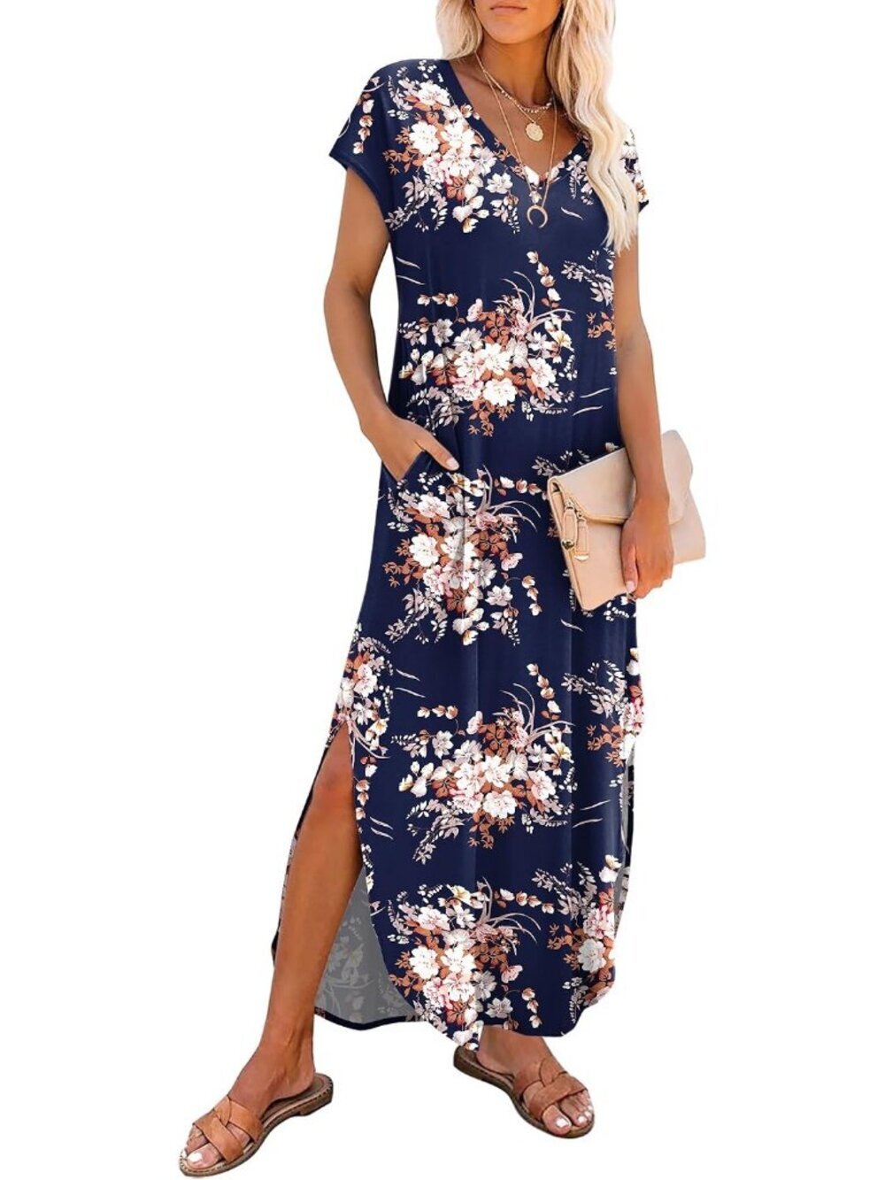 Women's White Blue Short Sleeve Halter Neck High Waist Backless Maxi Dress